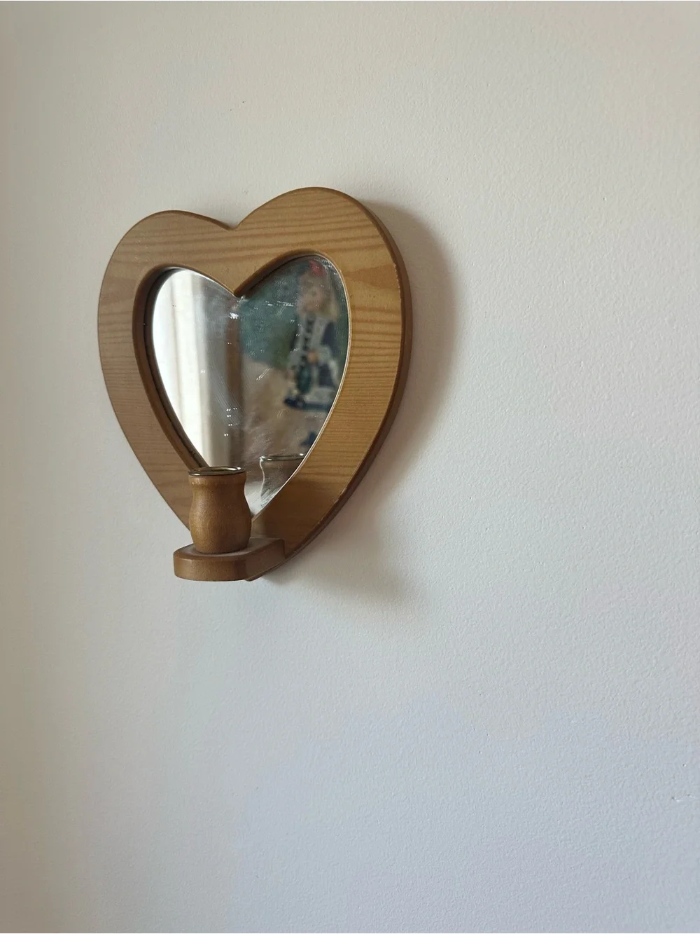 Heart-Shaped Wooden Wall Mirror with Candle Holder - Natural Wood